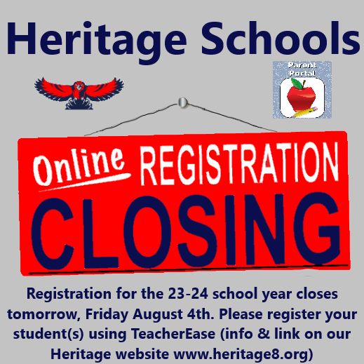 Heritage Online Registration 20232024 School Year via TeacherEase